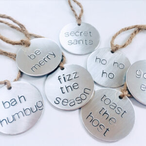 xmas aluminium handstamped decorative bottle and gift tags